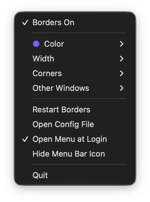 BordersMenu menu: Borders On, Color, Width, Corners, Other Windows, Restart Borders