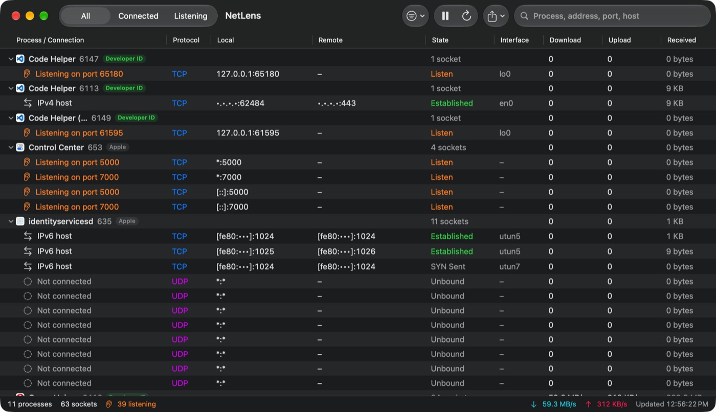 NetLens window listing connections grouped by app, with listening ports highlighted and addresses masked