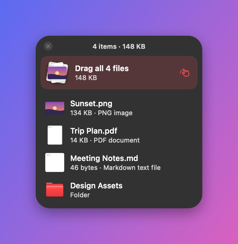 Shelfy shelf holding four files with a Drag all row